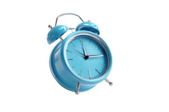 Isolated blue alarm clock flying over white background