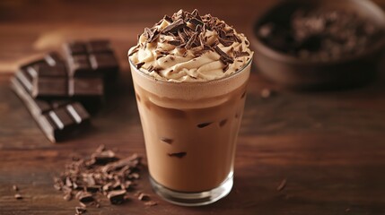 Delicious mocha topped with chocolate shavings presented in a cozy cafe setting during afternoon