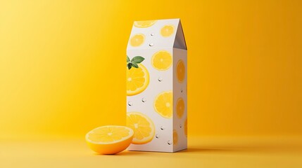 Custom juice box mockup featuring bright lemon design against a vibrant yellow background