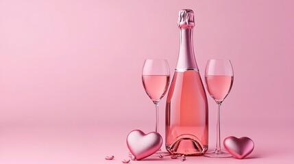 Cheerful champagne celebration with heart-shaped glasses set against a soft pink backdrop for a romantic moment