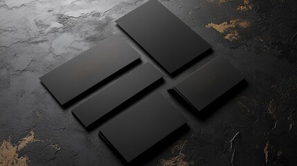 Business cards displayed in a fan arrangement on a dark textured surface with golden highlights