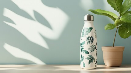 Mockup of a reusable water bottle featuring a botanical design placed beside a potted plant indoors