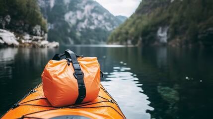 Dry bag floats beside a kayak on a tranquil lake surrounded by mountains in a scenic outdoor setting