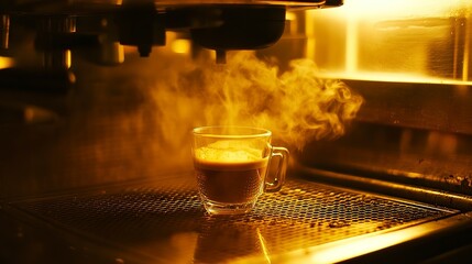 Espresso shot surrounded by warm lighting and steam in a cozy cafe setting at evening