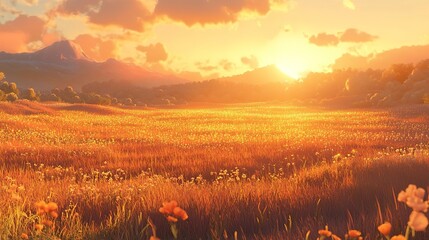 Golden hour light bathes fields in warm hues as the sun sets over distant mountains and clouds
