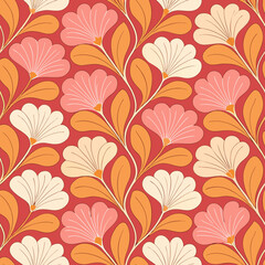 Seamless Floral Pattern: Red, Orange, White Flowers, Botanical Textile Design, Repeating Background, Vintage Style, Fabric Print
