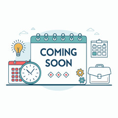 Naklejka premium Coming Soon Announcement: Calendar, Clock, and Business Icons - Vector Illustration for Website and Marketing