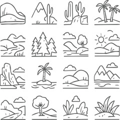 Landscapes line icon vector set. Vector pictograms of natural and urban scenery, mountain, beach, forest, desert, waterfall, cityscape, canyon thin linear illustration.