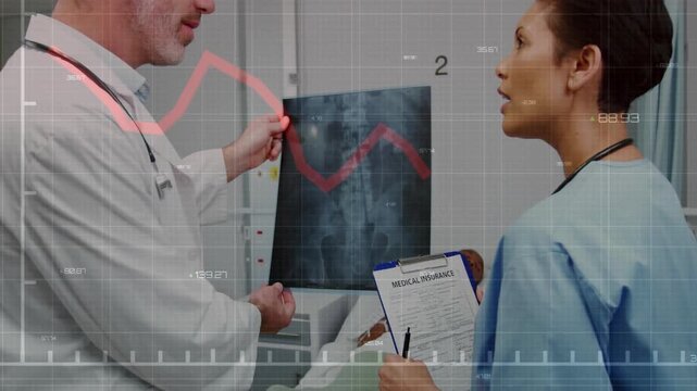 Doctor entering exam room lifting pelvic X-ray for analyzing health data with oscillating graph
