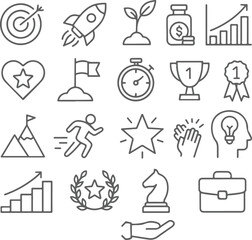 Motivation line icon vector illustration set. Vector pictograms of personal growth, goal setting, perseverance, achievement, rocket launching, teamwork, passion, thumbs up thin linear illustration. 