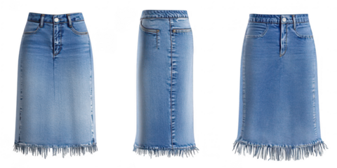 Denim skirts with fringe detail on transparent png background