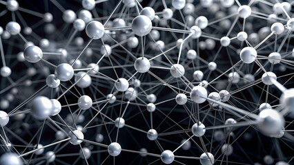 Abstract Molecular Structure with Silver Spheres and Connecting Lines on Dark Background