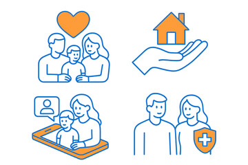Family bonding and care represented through simple icons showcasing love, protection, and communication at home