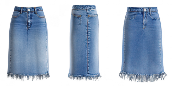 Denim skirts with fringe detail on transparent png background