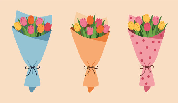 Three colorful tulip bouquets wrapped in paper on a light background