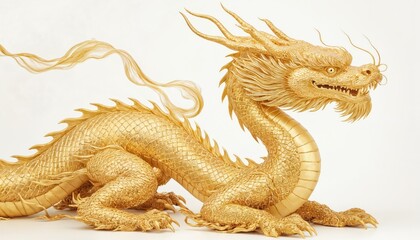 Fototapeta premium Majestic golden dragon statue with spread wings. Power, strength, agility displayed. Gold dragon dominates frame, facing viewer with open mouth, in mid-flight. Gray floor provides stark contrast,