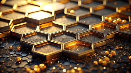 Golden Hexagon Grid with Glittering Particles and Spheres for Abstract Background