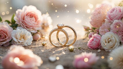 A romantic and elegant intro image for a wedding website. Two golden wedding rings intertwined in the center