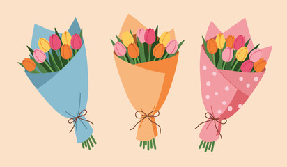 Three Colorful Tulip Bouquets Wrapped in Paper for a Special Occasion