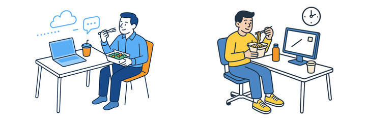 Workers enjoying meals at their desks in a modern office during lunch break