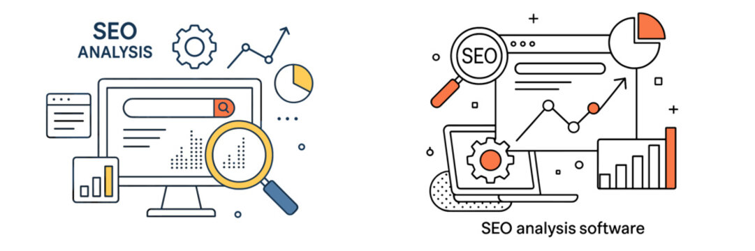 Illustration showing SEO analysis tools on two computers with charts and graphs in a digital workspace