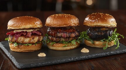 Three slider trio burgers arranged on dark slate platter, gourmet mini sandwiches with different fillings including bacon, beef, mushroom, microgreens garnish, warm atmospheric lighting