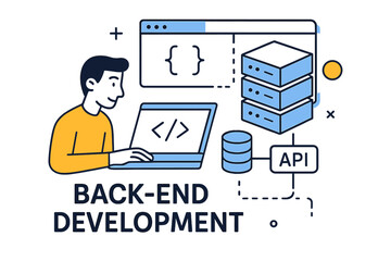 Focus on back-end development concepts with a programmer working on a laptop in a minimalistic setting