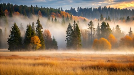 Misty Autumn Landscape with Golden Grass and Evergreen Trees at Sunrise