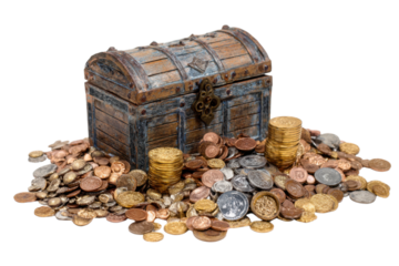 Pile of treasure and treasure chest on a white background