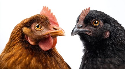 Fototapeta premium The close-up portrait of two chickens showcasing their unique features.