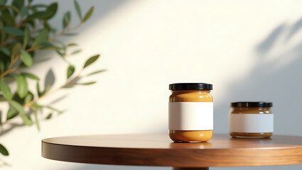 Amber Glass Jars with Blank Labels on Wooden Table, Minimalist Product Mockup, Natural Light
