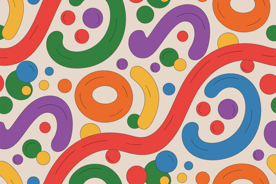 Groovy retro shapes and bold colors create a fun and eye catching seamless pattern design with playful movement.