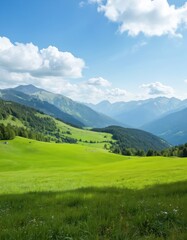Obraz premium Tranquil mountain landscape with clear blue sky, white clouds. Verdant field stretches out in foreground, lined by trees. Majestic mountains rise in distance, contrasting with field lower reaches.