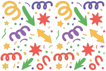 Obraz premium Festive colorful abstract background with swirling confetti and bright stars for celebration and party designs.