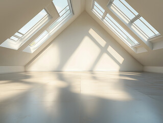 Fototapeta premium Bright, airy attic with multiple skylights. Sunlight streams through windows creating patterns on the floor and walls in this inviting space.