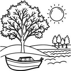 Tree, Bord with sun rise line art kids coloring page