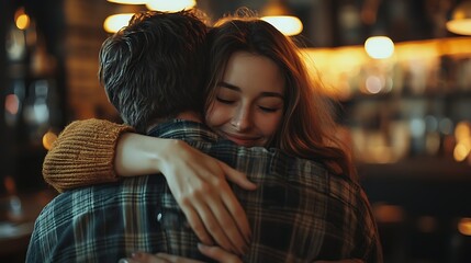 Fototapeta premium Supportive hug between smiling woman and man in cozy setting. Tender moment showing empathy and love. Concept of healing, recovery and connection. Hug an Addict or Alcoholic Day