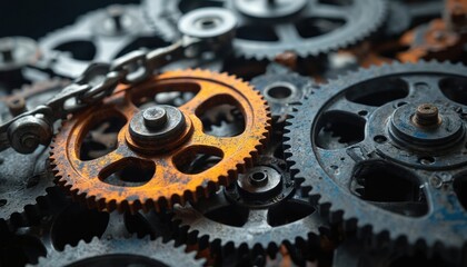 Close-up of machinery set with gray gear, orange bolt. Complex network of gears, with unique color, size. Precision mechanism working together in harmony. Intricate details, organized chaos,