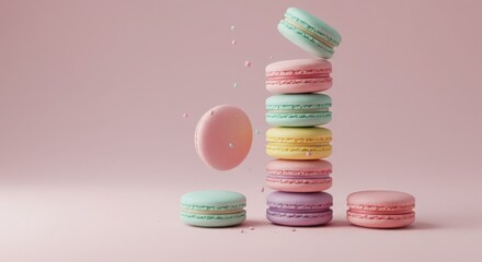 Colorful macarons stacked on pink background with one macaroon falling  
