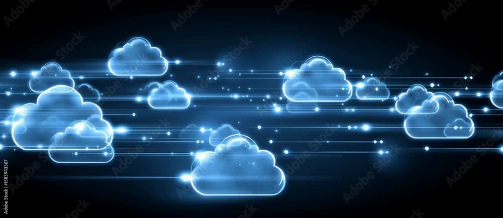 Poster a digital background with blue and white cloud icons connected by glowing lines, representing the po