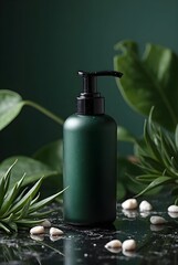 A luxury cosmetic pump bottle with a matte dark green finish and black dispenser, placed on a reflective black marble surface with water droplets. Surrounding the bottle are elegant green leaves and s