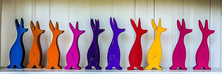 A row of wooden dog figurines with different colors. The figurines are lined up on a shelf, with some of them being taller than others. The variety of colors