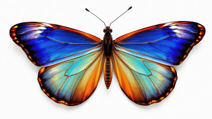Macro studio shot of a vibrant blue and orange morpho butterfly with wings spread open, isolated on a clean white background for detailed natural beauty display.