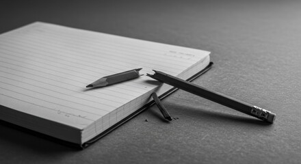 Broken pencil next to open notebook on dark background  