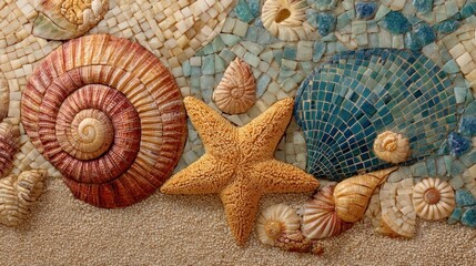 Seashell starfish mosaic ocean beach theme warm colors textured design