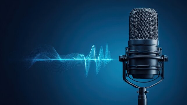 The microphone with sound waves against a vibrant blue background