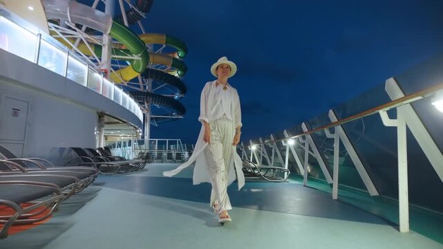 A stylish woman delights in a leisurely stroll on the cruise ships deck during the enchanting night, all while surrounded by vibrant, exciting waterslides and the calming sounds of the ocean waves
