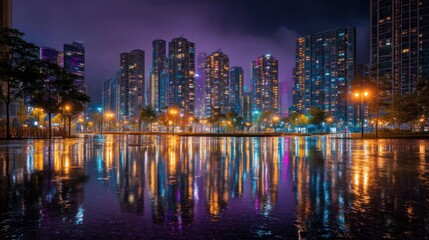 Obraz premium Vibrant cityscape reflection at night rain wet park setting