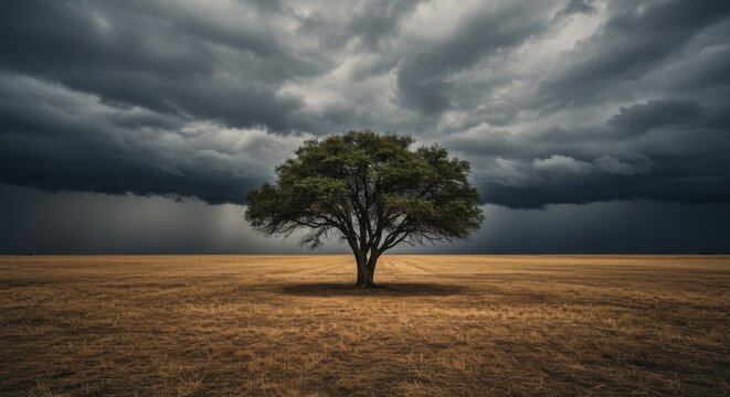 Lone tree standing in a field under dark stormy clouds