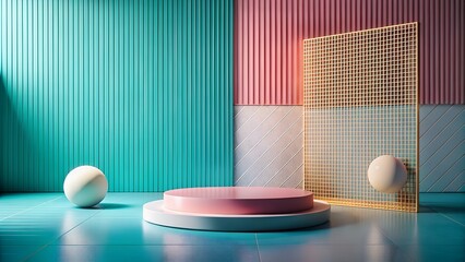 Modern Product Display with Podium and Geometric Shapes in Pastel Colors